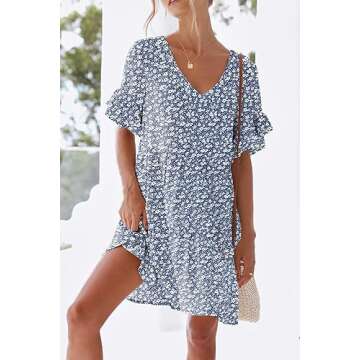 nclook Womens 2025 Summer Casual Dress Sweet Cute V Neck Mini Dress with Pocket Short Sleeve Ruffle ...