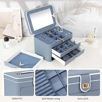 KAMIER Jewelry Boxes for Women, 4 Layer Jewelry Organizer with Mirror, 3 Drawers, Large Jewelry Box for Bracelets, Earrings, Rings, Necklaces, Mothers Day Gifts for Loved One, Bluish Grey