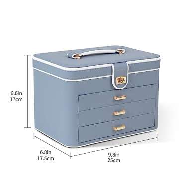 KAMIER Jewelry Boxes for Women, 4 Layer Jewelry Organizer with Mirror, 3 Drawers, Large Jewelry Box for Bracelets, Earrings, Rings, Necklaces, Mothers Day Gifts for Loved One, Bluish Grey