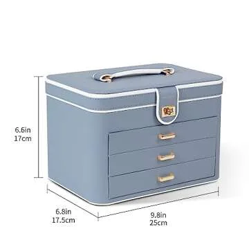 KAMIER Jewelry Boxes for Women, 4 Layer Jewelry Organizer with Mirror, 3 Drawers, Large Jewelry Box for Bracelets, Earrings, Rings, Necklaces, Mothers Day Gifts for Loved One, Bluish Grey