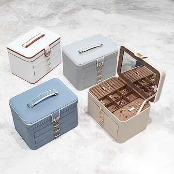 KAMIER Jewelry Boxes for Women, 4 Layer Jewelry Organizer with Mirror, 3 Drawers, Large Jewelry Box for Bracelets, Earrings, Rings, Necklaces, Mothers Day Gifts for Loved One, Bluish Grey