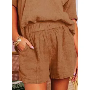 Dokotoo Womens Ladies 2 Piece Outfits Sets Summer Holiday Casual Tracksuit Jumpsuit 2pc Clothes Solid V Neck Short Sleeve Shirts Tops Comfy Elastic High Rise Shorts Sets with Pockets Brown Medium