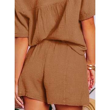 Dokotoo Womens Ladies 2 Piece Outfits Sets Summer Holiday Casual Tracksuit Jumpsuit 2pc Clothes Solid V Neck Short Sleeve Shirts Tops Comfy Elastic High Rise Shorts Sets with Pockets Brown Medium