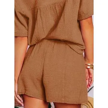 Dokotoo Womens Ladies 2 Piece Outfits Sets Summer Holiday Casual Tracksuit Jumpsuit 2pc Clothes Solid V Neck Short Sleeve Shirts Tops Comfy Elastic High Rise Shorts Sets with Pockets Brown Medium