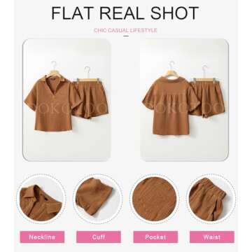 Dokotoo Womens Ladies 2 Piece Outfits Sets Summer Holiday Casual Tracksuit Jumpsuit 2pc Clothes Solid V Neck Short Sleeve Shirts Tops Comfy Elastic High Rise Shorts Sets with Pockets Brown Medium