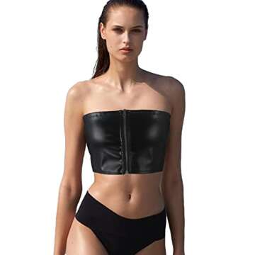 Yunison PU Faux Leather Tube Tops for Women with Zipper Sleeveless Solid Camisole Vest Crop Tank Top Black