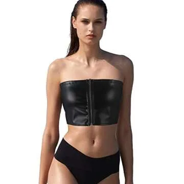 Yunison PU Faux Leather Tube Tops for Women with Zipper Sleeveless Solid Camisole Vest Crop Tank Top Black