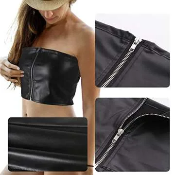 Yunison PU Faux Leather Tube Tops for Women with Zipper Sleeveless Solid Camisole Vest Crop Tank Top Black