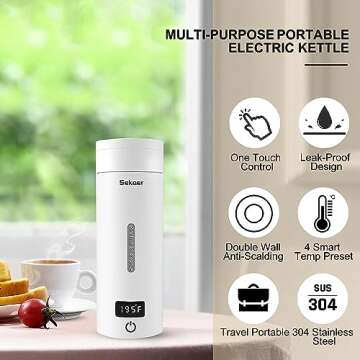 Sekaer Portable Electric Tea Kettle Travel Small Mini Coffee Kettle, with 4 Variable Presets, Person...