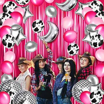 Charnoel 62 Pcs Disco Cowgirl Space Balloon Western Party Round Balloons for 4d Metallic Foil Mirror Moon and Star Decor with Ribbon Tape, Multicolor