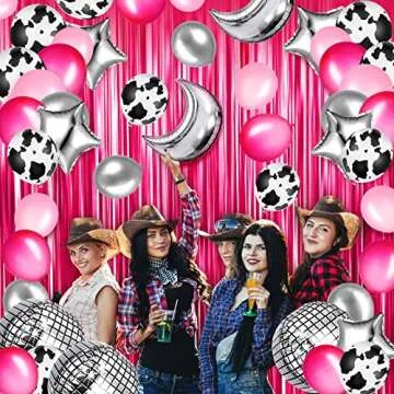 Charnoel 62 Pcs Disco Cowgirl Space Balloon Western Party Round Balloons for 4d Metallic Foil Mirror...