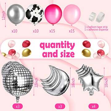 Charnoel 62 Pcs Disco Cowgirl Space Balloon Western Party Round Balloons for 4d Metallic Foil Mirror Moon and Star Decor with Ribbon Tape, Multicolor