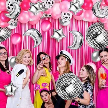 Charnoel 62 Pcs Disco Cowgirl Space Balloon Western Party Round Balloons for 4d Metallic Foil Mirror Moon and Star Decor with Ribbon Tape, Multicolor