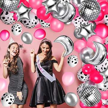 Charnoel 62 Pcs Disco Cowgirl Space Balloon Western Party Round Balloons for 4d Metallic Foil Mirror Moon and Star Decor with Ribbon Tape, Multicolor