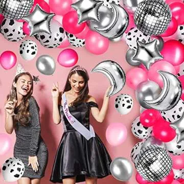 Charnoel 62 Pcs Disco Cowgirl Space Balloon Western Party Round Balloons for 4d Metallic Foil Mirror Moon and Star Decor with Ribbon Tape, Multicolor