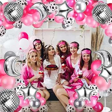 Charnoel 62 Pcs Disco Cowgirl Space Balloon Western Party Round Balloons for 4d Metallic Foil Mirror Moon and Star Decor with Ribbon Tape, Multicolor