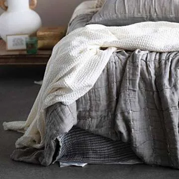 Creative Co-Op Cotton Waffle Weave Bed Cover with 2 Stitched Shams, King, White & Grey Bedspread
