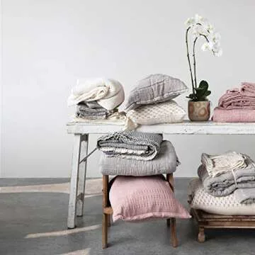 Creative Co-Op Cotton Waffle Weave Bed Cover with 2 Stitched Shams, King, White & Grey Bedspread