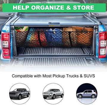 Detachable Cargo Net Trunk Bed Organizer for Ford/Dodge/GMC/Chevy Silverado/Toyota/Nissan/Honda and Pickup Truck, 43" Mesh Storage Net Heavy Duty Cargo Net with 3 Pocket