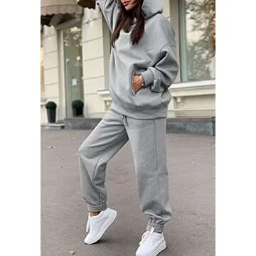 Fixmatti Women Hoodie Tracksuit Jogging Suit Oversized Long Pant Sweatsuit Workout Set Grey M