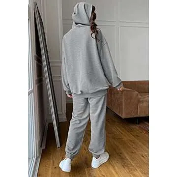 Fixmatti Women Hoodie Tracksuit Jogging Suit Oversized Long Pant Sweatsuit Workout Set Grey M