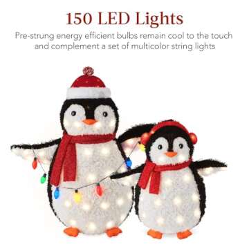 Best Choice Products 2-Piece Lighted Penguin Family, 3ft Pop-Up Outdoor Christmas Holiday Decoration w/ 150 LED Lights, Multicolored Lights - Red