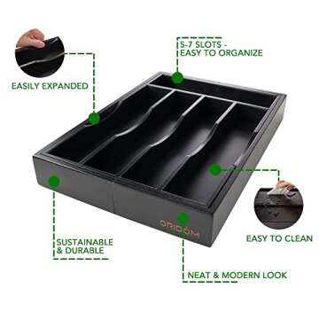 oridom Expandable Bamboo Kitchen Drawer Organizer for Cutlery and Utensils, Adjustable Bamboo Wood Cutlery Tray in Drawer for Flatware and Silverware in Kitchen, 5-7 Slots, (Black)