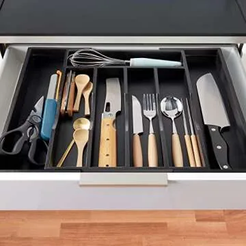 oridom Expandable Bamboo Kitchen Drawer Organizer for Cutlery and Utensils, Adjustable Bamboo Wood Cutlery Tray in Drawer for Flatware and Silverware in Kitchen, 5-7 Slots, (Black)