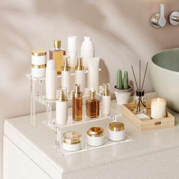 WINKINE Acrylic Display Shelves, Perfume Stand, Makeup Display Stands, 4 Tier Figurine Acrylic Riser Displays, Cupcake Stand Clear Cologne Organizer for Bedroom, Cabinet, Countertop, Desktop, 2 Pack