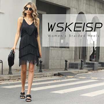 WSKEISP Women's Braided Heels Sandals Square Stiletto Mules Slip On Open Toe Backless Heeled Slippers Fashion Sexy Dress Wedding High Heel Slides