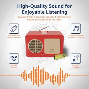 SMPL One-Touch Music Player & Radio - Audiobooks, MP3, Retro Wooden Design, Quality Sound, 8GB USB w/ 40 Nostalgic Hits, Songs of America, Durable Build, Live Technical Support