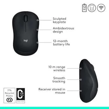 Logitech M185 Wireless Mouse, 2.4GHz with USB Mini Receiver, 12-Month Battery Life, 1000 DPI Optical Tracking, Ambidextrous, Compatible with PC, Mac, Laptop - Black