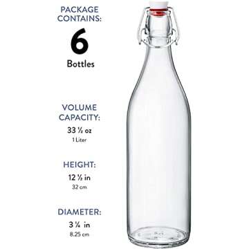 Bormioli Rocco Giara Swing Top Bottles 33 ¾ Ounce/1 Liter (6 Pack) ROUND Clear Glass Grolsch Flip Top Bottle With Stopper