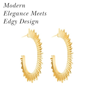 ALLISON ROSE ATELIER – Women’s Spike Earrings – 16k Gold Plated Open C Sun Hoop Earrings – Cool Earrings – Spike Hoops – Gold Boho Statement Earrings