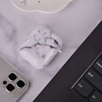 RGBWIND Airpod Case for Men Women and Girls,Compatible with Apple Air pod Case 2 and 1,Anti-Slip and Cute Cool Marble Design Cover,Hard airbuds Accessories with Keychain, White