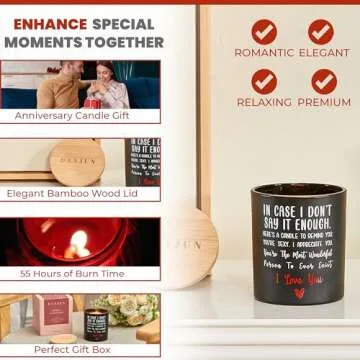 Valentine's Day Gift for Her or Him - Anniversary or Wedding Gift for Women - Romantic Gifts for Wife & Husband - Wooden Base & Gift Box Included - Vanilla & Lavender Scented Candle - 10oz