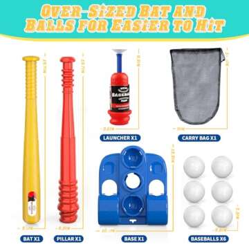 Asyxstar T Ball Sets for Kids, Toddlers, Baseball Tee Ball Set - Includes 6 Baseballs, A Baseball Launcher and an T Ball Stand for Kids 3-5 for Kids Toy Gifts for 3 Year Old Boys