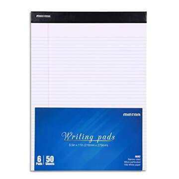 Mintra Office Legal Pads - ((BASIC WHITE 6pk, 8.5in x 11in, NARROW RULED)) - 50 Sheets per Notepad, Micro perforated Writing Pad, Notebook Paper for School, College, Office, Business