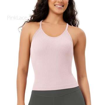ODODOS Women's 3-Pack Seamless Cami Tops Ribbed Camisole Tank Top, Pink Lace+Violet+Iceberg, Medium/Large