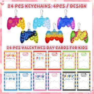 24Pcs Kids Valentines Day Cards, Mini Pop Fidget Keychain Valentines Day Gifts for Kids Classroom Pr...