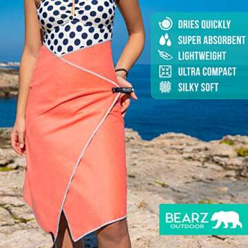 BEARZ Outdoor Travel Towel - Quick Dry Microfiber Towel for Hiking, Gym, Camp (Includes Bonus Face Cloth) Coral