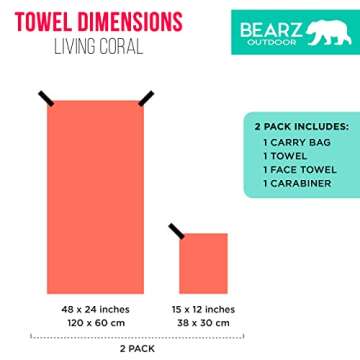 BEARZ Outdoor Travel Towel - Quick Dry Microfiber Towel for Hiking, Gym, Camp (Includes Bonus Face Cloth) Coral
