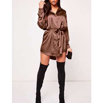 Zeagoo Womens's Brown Dress Long Sleeve Fall Dress 2025 Stain Mini Length Dress Party Club Date Night Outfit,Brown,Xx-Large