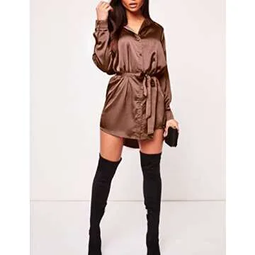 Zeagoo Womens's Brown Dress Long Sleeve Fall Dress 2025 Stain Mini Length Dress Party Club Date Night Outfit,Brown,Xx-Large
