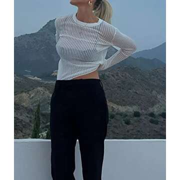 SAFRISIOR Women Sexy See Through Long Sleeve T-Shirts Mesh Sheer Skinny Rib Scalloped Trim Tees Blou...