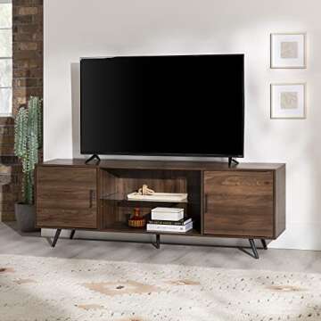 Home Accent Furnishings Mid-Century Modern 2-Door 70" TV Stand for 80" TVs with Glass Shelf - Dark W...