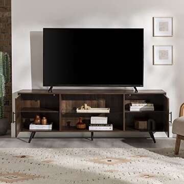 Home Accent Furnishings Mid-Century Modern 2-Door 70" TV Stand for 80" TVs with Glass Shelf - Dark Walnut