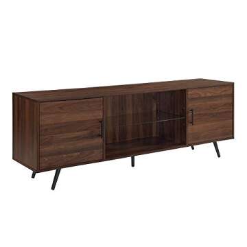Home Accent Furnishings Mid-Century Modern 2-Door 70" TV Stand for 80" TVs with Glass Shelf - Dark Walnut