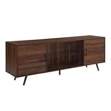 Home Accent Furnishings Mid-Century Modern 2-Door 70" TV Stand for 80" TVs with Glass Shelf - Dark Walnut