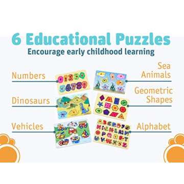 Etna Products Wooden Puzzles Set, Includes 6 Educational Puzzles and Wire Storage Rack - ABC, Numbers, Shapes, Vehicles and Animals - For Kids Age 3 Plus